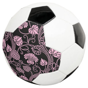 Balón De Fútbol Patrón floral retro rosa sobre negro