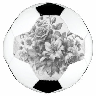 Balón De Fútbol Perfección floral de antigüedades en blanco y negr