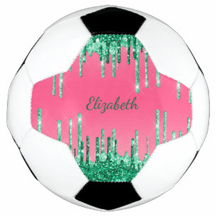 Balón De Fútbol Personaliza Glitter Verde Gotea Rosa Glam Tendenci