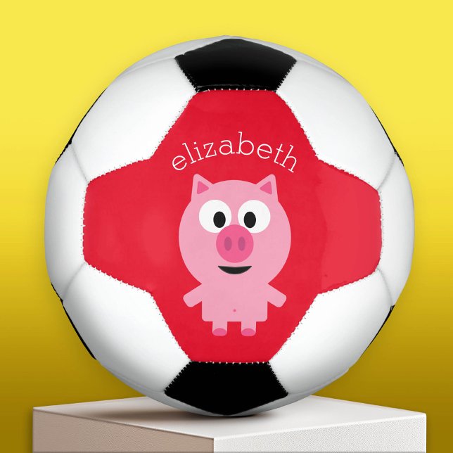 Balón De Fútbol Piglet de granja cuta - rosa y rojo con nombre (Custom Soccer Ball with a Cartoon Pig)