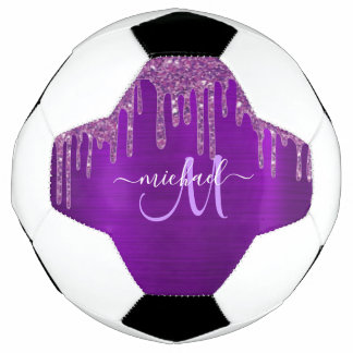 Balón De Fútbol Purpurina Girly Purple Dripping Brush Monograma Me
