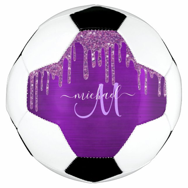 Balón De Fútbol Purpurina Girly Purple Dripping Brush Monograma Me (Anverso)