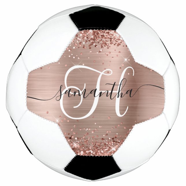 Balón De Fútbol Rosa Purpurinoso Gold Glam Monogrammed (Anverso)