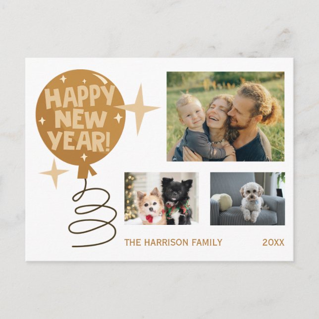 Balón lindo tres fotos postal de Año nuevo (Anverso)