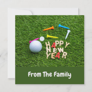 Baloncesto de golf y tee con Feliz Año Nuevo en ve