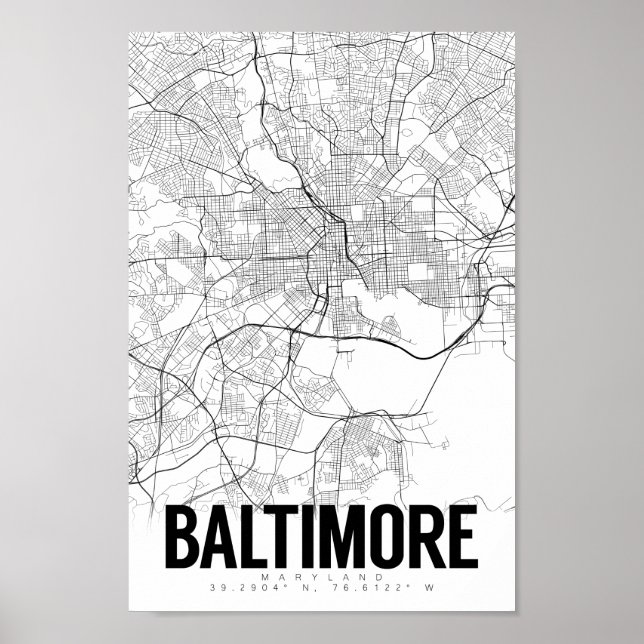 Baltimore Maryland Mapa Minimalista Poster de arte (Frente)