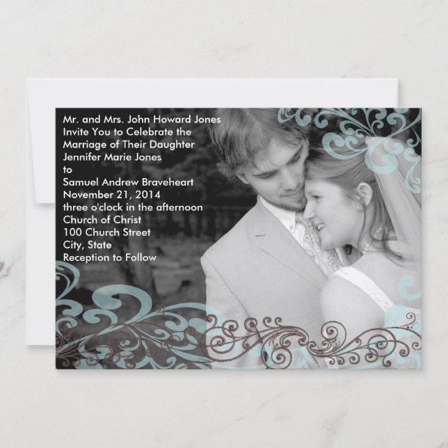 Bañar la invitación de tu boda fotográfica Azul y  (Anverso)
