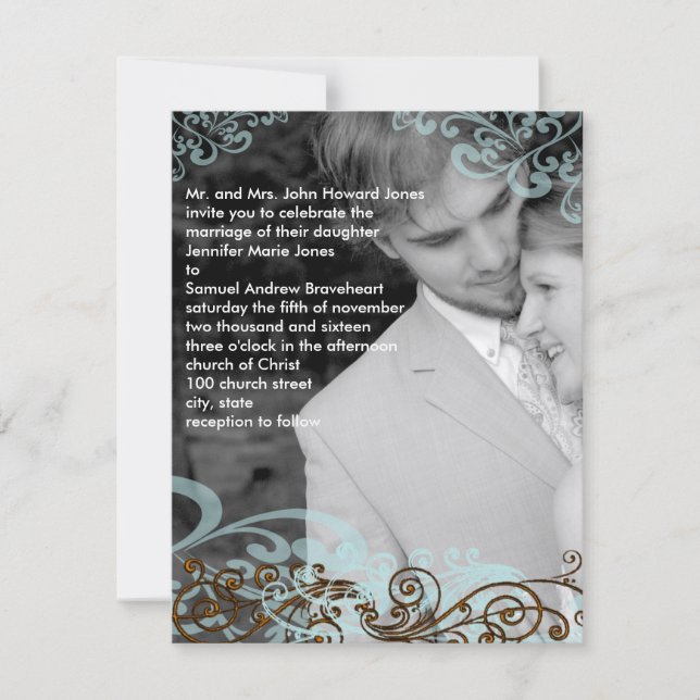 Bañar la invitación de tu boda fotográfica Azul y  (Anverso)