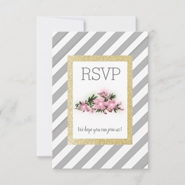 Banda gris con tarjeta rsvp floral purpurina dorad (Anverso)