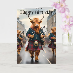 Banda Highland Cow Bagpipe, tarjeta de cumpleaños