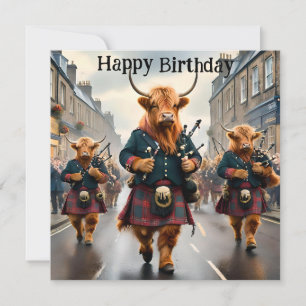 Banda Highland Cow Bagpipe, tarjeta de cumpleaños