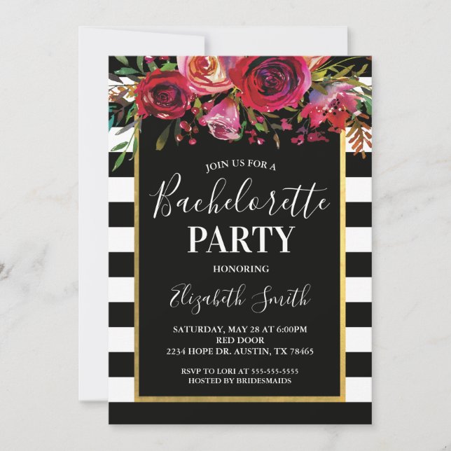 Banda negra Floral BacheloretteParty Invitación (Anverso)