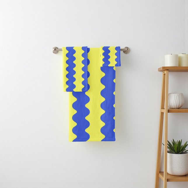 Banda ondulada de cal azul Banda ondulada Acento d (Blue Lime Wavy Stripe Bold Bathroom Accent Bath Towel Set)
