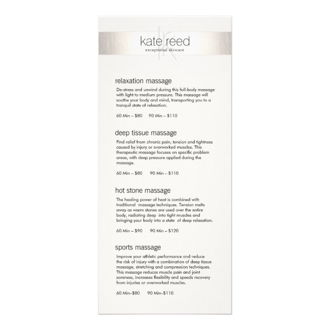 Banda plateada Monograma Salon Spa Menú de Servici (Frente)