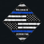 Bandana Delgada Línea Azul Personalizada Policía Perro Ban<br><div class="desc">Banda delgada de la Línea Azul - Bandera estadounidense con colores de la bandera de la policía, diseño angustiado . Personaliza con el nombre del perro de la policía. Este bandana personalizada de perro policía es perfecto para la policía y las familias de los agentes del orden y todos los...</div>