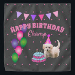 Bandana Feliz cumpleaños lindo perro con puntos de polka d<br><div class="desc">Este diseño tiene un adorable cachorro con un pastel de cumpleaños. Este diseño es un gran regalo para la celebración del cumpleaños de un perro.</div>