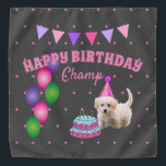 Bandana Feliz cumpleaños lindo perro con puntos de polka d<br><div class="desc">Este diseño tiene un adorable cachorro con un pastel de cumpleaños. Este diseño es un gran regalo para la celebración del cumpleaños de un perro.</div>