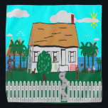 Bandana La Vida En La Playa<br><div class="desc">Casa con cerca de la playa y agua con árboles y flores alrededor. Los ambientes montañosos en segundo plano. Dos mujeres afuera haciendo ejercicio mientras una mujer mira por la ventana mientras suena la radio. El perro ladra en el flamingo de marcha y el velero pasa tranquilamente.</div>