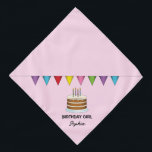 Bandana Pastel Con Pancarta Colorida En Chica De Cumpleaño<br><div class="desc">El original ilustracion personalizado de Destei de una torta de cumpleaños marrón con cuatro velas encima y un colorido cartel encima de la torta. El color de fondo es rosa claro. Un área de texto personalizable dice: "Chica de cumpleaños" mientras que en otra hay espacio para un nombre.</div>