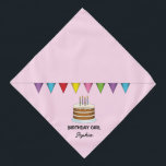 Bandana Pastel Con Pancarta Colorida En Chica De Cumpleaño<br><div class="desc">El original ilustracion personalizado de Destei de una torta de cumpleaños marrón con cuatro velas encima y un colorido cartel encima de la torta. El color de fondo es rosa claro. Un área de texto personalizable dice: "Chica de cumpleaños" mientras que en otra hay espacio para un nombre.</div>