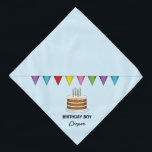 Bandana Pastel Con Pancarta Colorida En Un Niño De Cumplea<br><div class="desc">El original ilustracion personalizado de Destei de una torta de cumpleaños marrón con cuatro velas encima y un colorido cartel encima de la torta. El color de fondo es azul claro. Un área de texto personalizable dice: "Nacimiento del niño" mientras que en otra hay espacio para un nombre.</div>