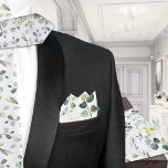 Bandana Pocket Boda de verde de eucalipto blanco<br><div class="desc">Una elegante vegetación blanca y eucaliptos sólo boda de cuello atan cuadrado de bolsillo con brotes de eucaliptos pintados con acuarela rodeaba un centro blanco redondo de brotes.</div>