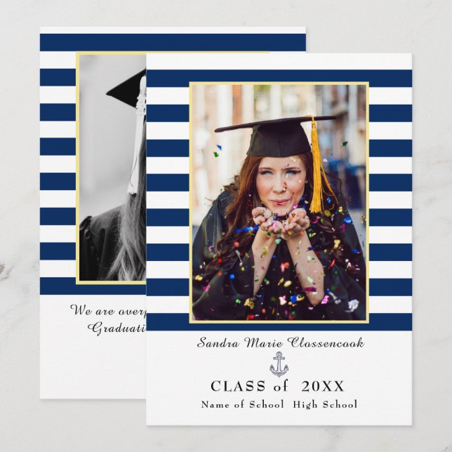 Bandas azul de la marina náutica Invitación de gra (Anverso / Reverso)