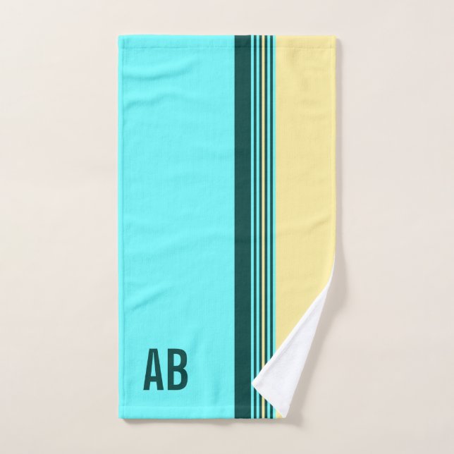 Bandas azules amarillas verde oscuro monogramadas (Toalla de mano)