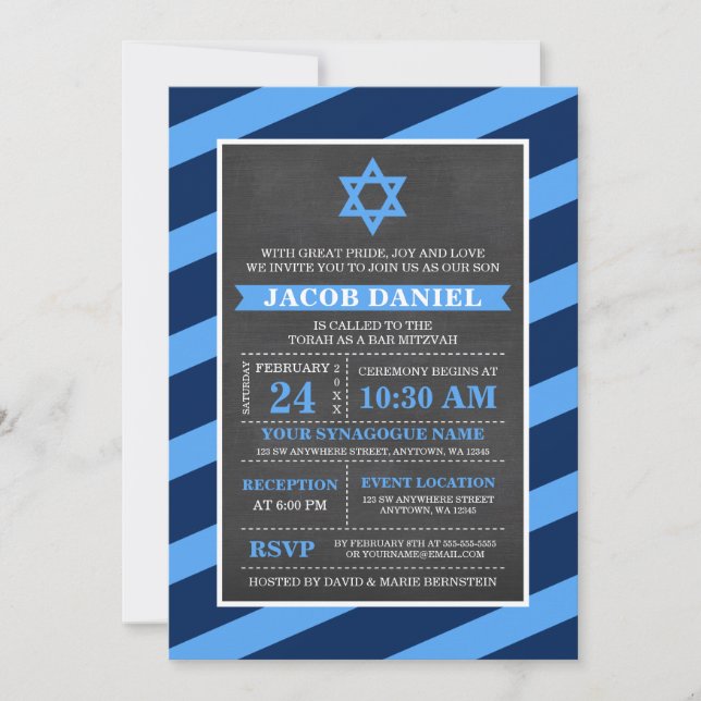 Bandas azules Bar de pizarra Invitaciones Mitzvah (Anverso)