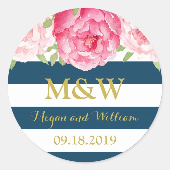 Bandas azules Monograma floral Etiqueta de Favor d (Anverso)