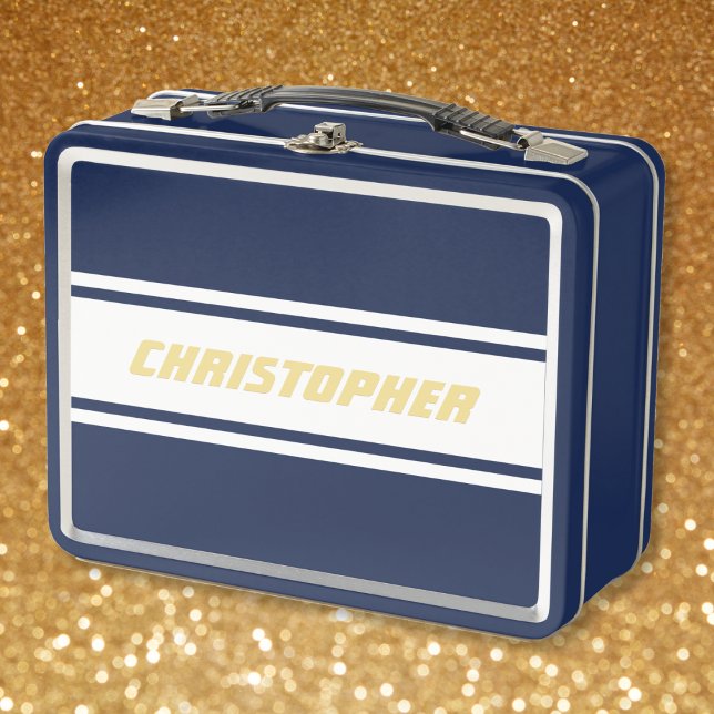 Bandas de Carreras blanca Monograma Niños Niños Az (White Racing Stripes Gold Monogram Kids Boys Blue Metal Lunch Box)