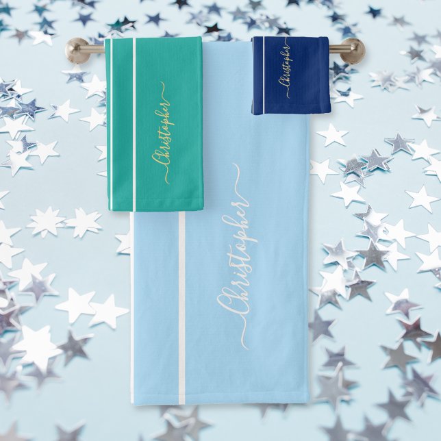 Bandas de Carreras blanco Verde azulado multicolor (Multicolor Blue Teal White Racing Stripes Monogram Bath Towel Set)