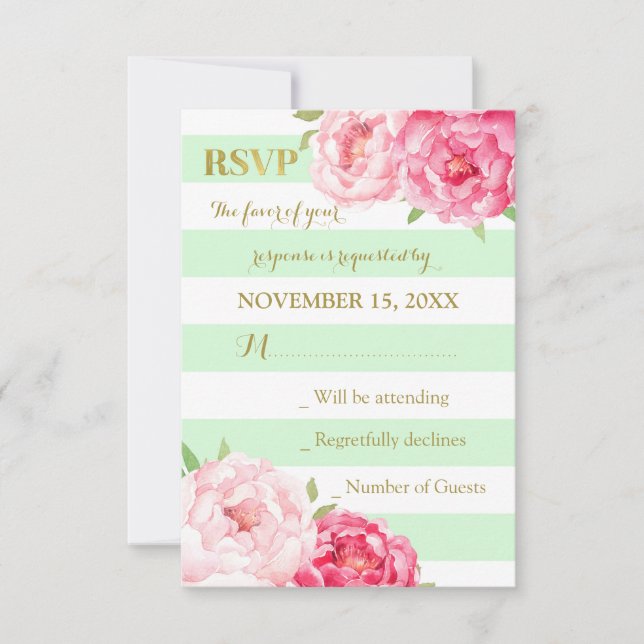 Bandas de menta Flores rosadas Boda de oro RSVP (Anverso)