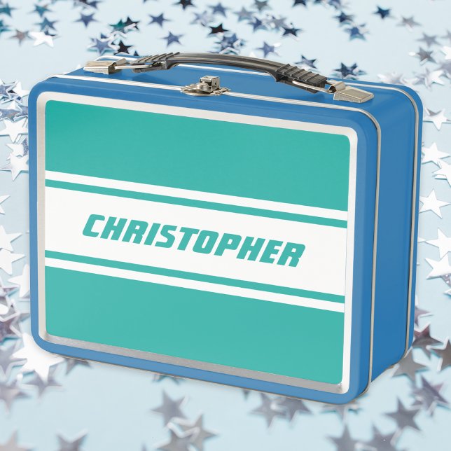 Bandas verde azuladas de Carreras blanca Monograma (Teal White Racing Stripes Monogram Kids Boys Blue Metal Lunch Box)