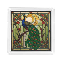 Peacock Nouveau Acrylic Stained Glass Serving Tray