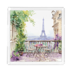 Bandeja Acrílica Watercolor Eifel Tower Paris Café Francés