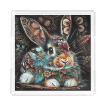Whimsical Bunny Rabbit Floral Resumen Verde azulad