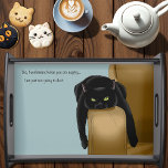 Bandeja Black Cat Funny Sassy Blue<br><div class="desc">Un lindo gato negro sobre un brazo de sofá marrón en un fondo azul. El gato es un gato picante lleno de sass,  ya que entienden al ser humano,  pero eligen ignorarlos.</div>