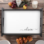 Bandeja Black White Modern Script Girly Monograma Nombre<br><div class="desc">Lugar de Monograma de Guión Simple en Blanco y Negro que sirve la bandeja. Esto hace que la graduación perfecta, el cumpleaños, el boda, la ducha de novia, el aniversario, la ducha de bebé o la fiesta de soltera sea un regalo para alguien que ama el lujo glam y los...</div>