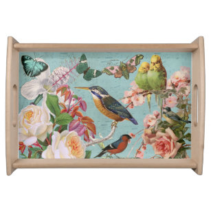 Bandeja Collage de mariposas y pájaros de Rosas de la époc