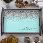 Bandeja Monograma del Purpurina plateado Verde azulado azu<br><div class="desc">Aqua Blue - Verde azulado y plateado Faux Sparkle Purpurina Script Monograma Lugar de servicio de la bandeja. Esto hace que la graduación perfecta, el cumpleaños, el boda, la ducha de novia, el aniversario, la ducha de bebé o la fiesta de soltera sea un regalo para alguien que ama el...</div>