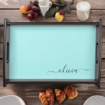 Bandeja Nombre de Monograma del Guión Azul Verde azulado M<br><div class="desc">Aqua Blue Verde azulado Simple Script Monograma Lugar Sirviendo Bandeja. Esto hace que la graduación perfecta,  el cumpleaños,  el boda,  la ducha de novia,  el aniversario,  la ducha de bebé o la fiesta de soltera sea un regalo para alguien que ama el lujo glam y los estilos de moda.</div>