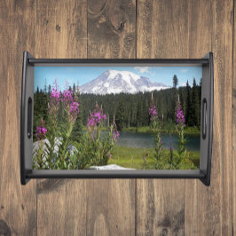 Bandeja Paisaje escénico de Mont Rainier y Flores Silvestr