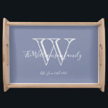 Bandeja Rústico Boda Regalo Monograma Nombre de familia Az<br><div class="desc">Rústico Regalo Boda Monograma Nombre Familia Simple Elegante Trayectoria De Servicio Azul Claro. Monograma inicial personalizado, con el apellido de la familia o su nombre y fecha establecida en la escritura blanca grabada en un fondo azul claro. Un regalo único para bodas, recién casados y regalos de duchas de novias....</div>