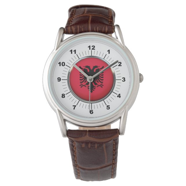 Bandera albanesa masculina reloj de cuero marrón c (Anverso)