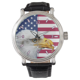 Bandera americana con reloj de cuero de águila