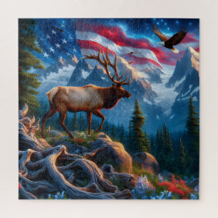 Bandera Americana y Rompecabezas de Alce