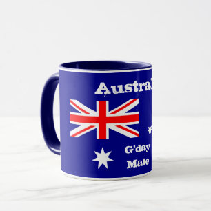 Bandera australiana y taza de café G'day Mate/Aus