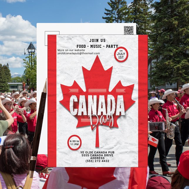 Bandera Canadá Día de julio Invitación a la hoja d (Celebrate Canada Day postcard. Send out to friends, family and groups. Food, music and a fun party.)