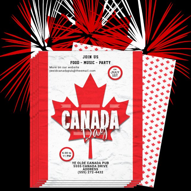 Bandera Canadá Día de julio Invitación a la hoja d (Flag of Canada red maple left with Canada Day invitation flyer.  Maple leaf pattern on back of card)